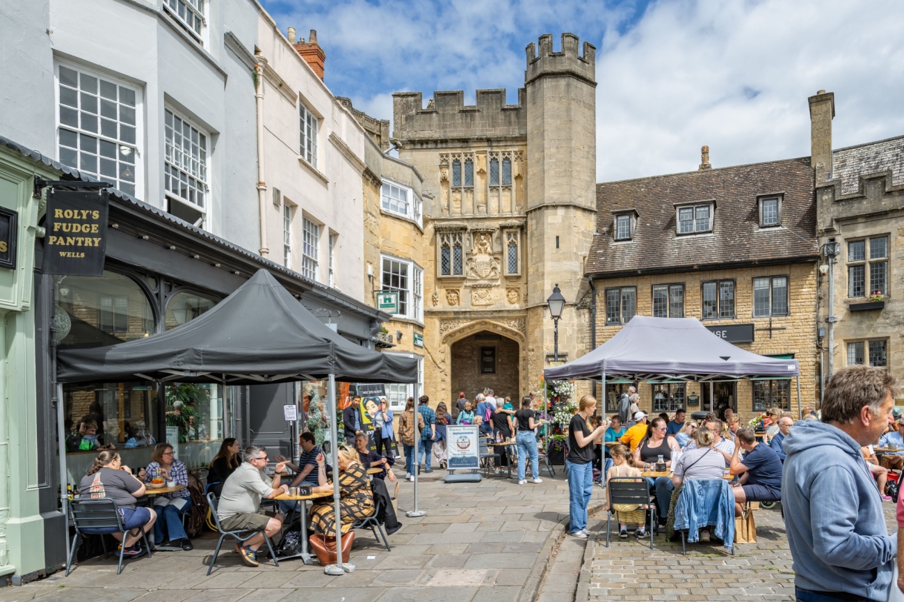 The Penniless Porch in Market Place, Wells, Somerset, UK